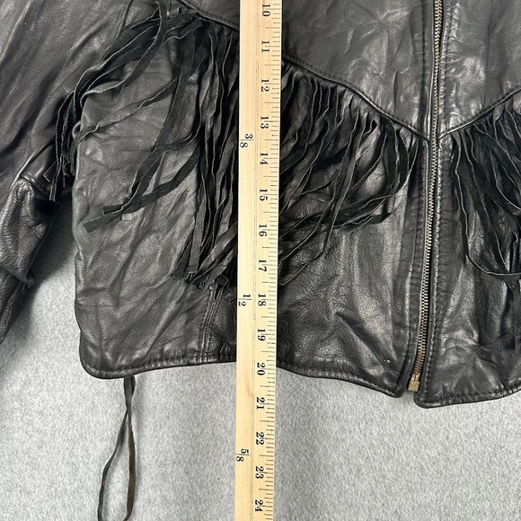 Vintage PARK V Leather Jacket Fringe Western Black Women Made in USA Biker Moto - Picture 7 of 13